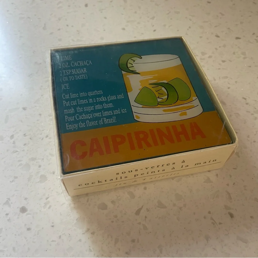 Pier 1 Cocktail Glass Top Wooden Coasters Set of 4 in Box